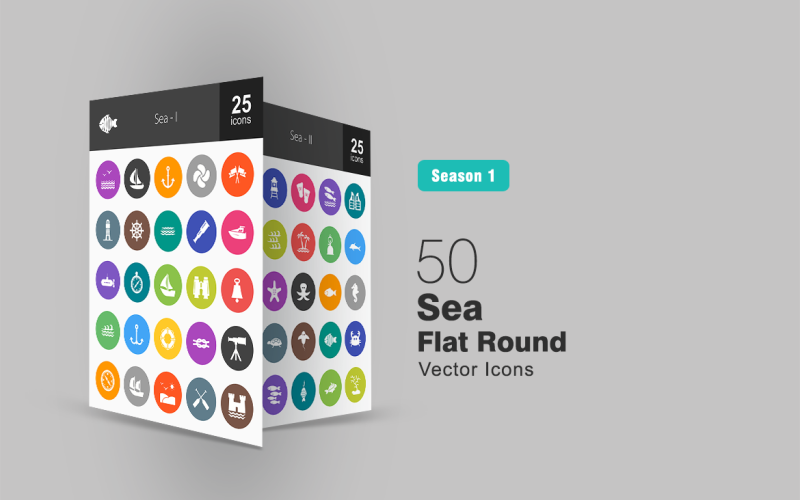 Zestaw 50 płaskich okrągłych ikon morza