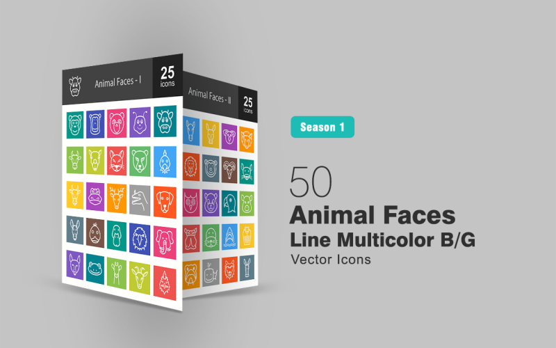 Download Набор иконок "50 Animal Faces Line Multicolor B/G Icon Set" / 50 Animal Faces Line Multicolor B/G Icon Set - Набор иконок на тему графика animals,icon,ape,bear,bee,buffalo,camel,cat,chicken,cow,deer,dog,donkey,duck,elephant,frog,gpat,horse,kangaroo,lion