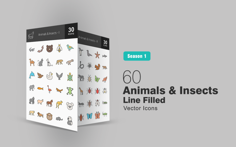 60 Animals & Insects Filled Line Icon Set