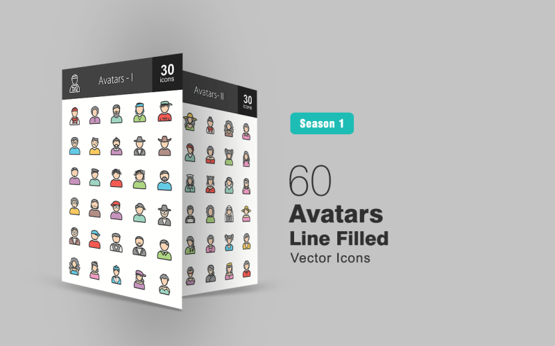 Download Набор иконок "60 Avatars Filled Line Icon Set" / 60 Avatars Filled Line Icon Set - Набор иконок на тему графика avatars,icon,characters,people,person,user,male,female,girl,boy,man,woman,styles,personalities,humans,glasses,scarf,bandana,punk,hairstyle