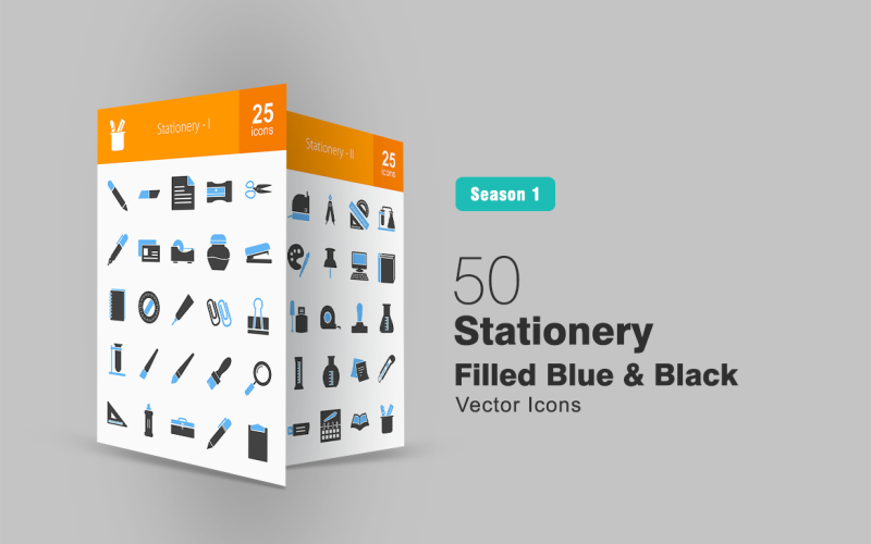 50 brevpapper fylld blå & svart ikonuppsättning