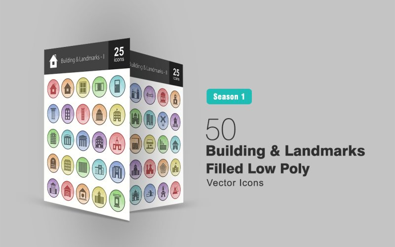 Download Набор иконок "50 Buildings & Landmarks Filled Low Poly Icon Set" / 50 Buildings & Landmarks Filled Low Poly Icon Set - Набор иконок на тему графика building icons landmarks icon house tower school hospital bank library university church hotel museum police station bridge eifel office lighthouse
