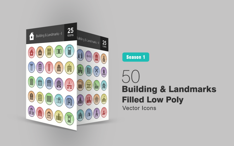 50 Buildings & Landmarks Filled Low Poly Icon Set