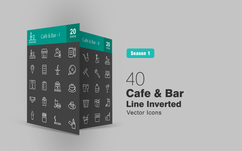 Download Набор иконок "40 Cafe & Bar Line Inverted Icon Set" / 40 Cafe & Bar Line Inverted Icon Set - Набор иконок на тему графика cafe,icon,bar,drinks,barkeeper,menu,music,wifi,orders,coffee,sandwich,fries,lunch,cake,milkshake,cigarettes,lighter,cigar,smoking,pipe
