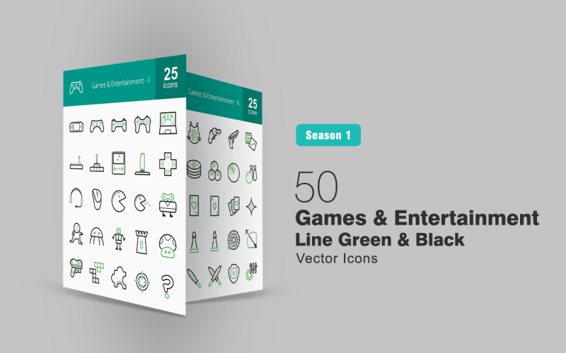 Conjunto de ícones 50 verdes e pretos da linha de jogos e entretenimento