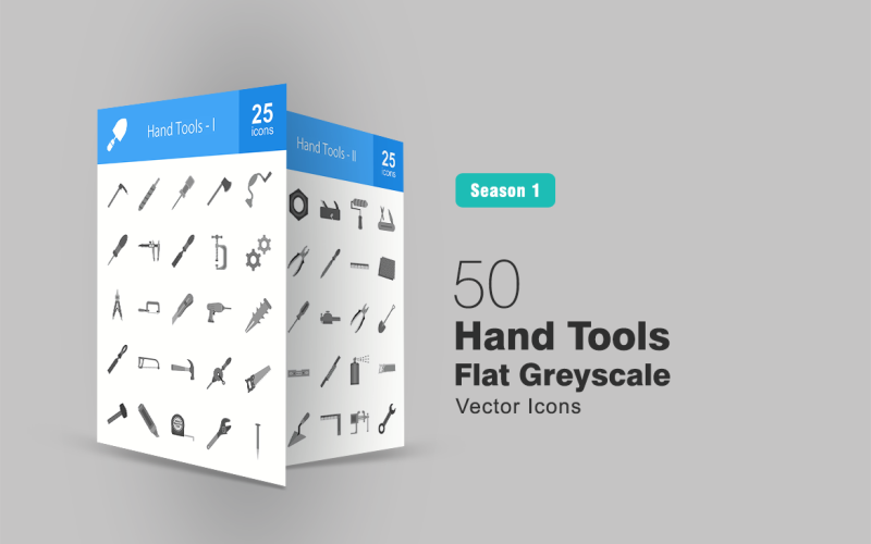 Conjunto de ícones de 50 ferramentas manuais em escala de cinza plana
