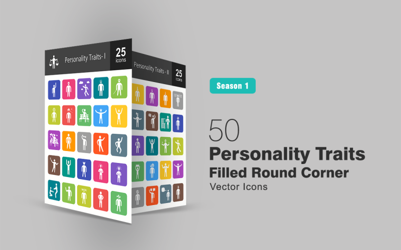 Conjunto de ícones de 50 traços de personalidade preenchidos com cantos redondos