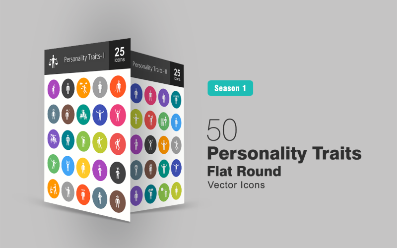 Conjunto de ícones redondos planos com 50 traços de personalidade