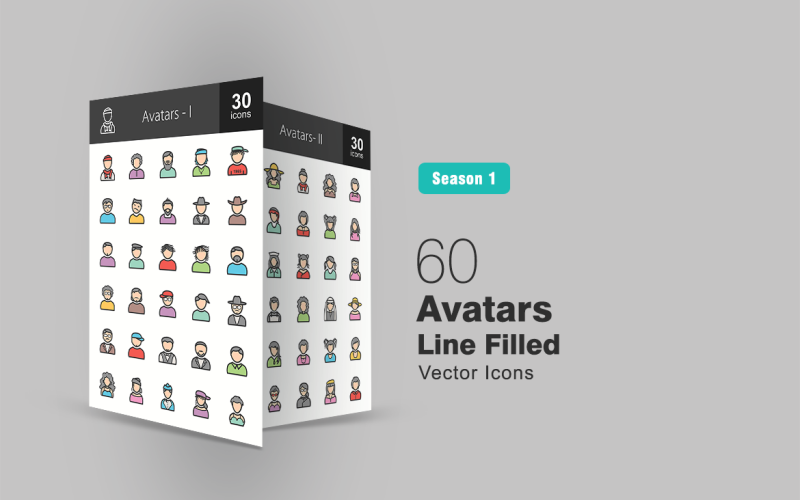 Conjunto de iconos de línea llena de 60 avatares