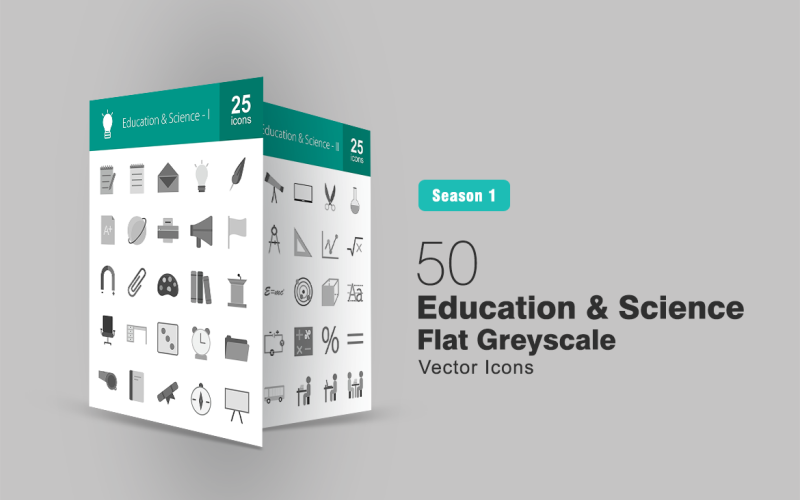 Ensemble d'icônes 50 Education & Science Flat Greyscale