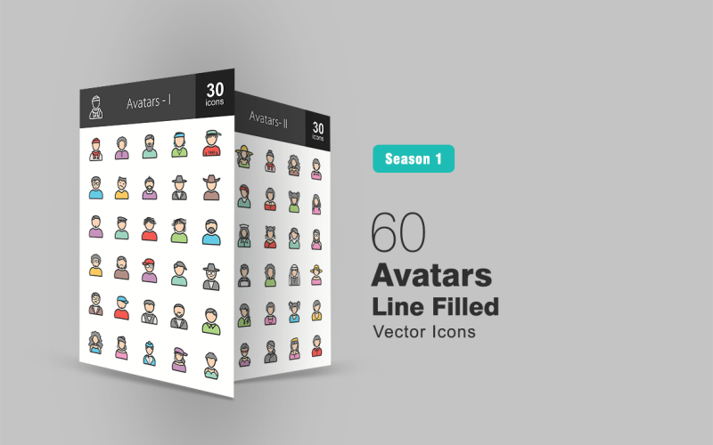 Ensemble d'icônes de ligne remplie de 60 avatars