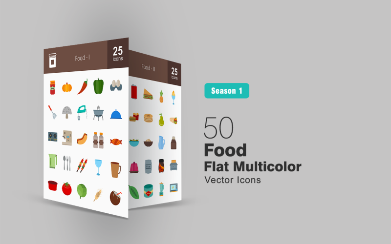 Download Набор иконок "50 Food Flat Multicolor Icon Set" / 50 Food Flat Multicolor Icon Set - Набор иконок на тему графика food icon eggs cooking pot stove coffee bottles crockery tea wine soup tomato sandwich icecream drinks water salt jelly iconbunny