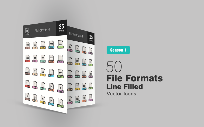 50 formatów plików wypełnionych zestaw ikon linii