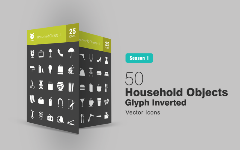 Download Набор иконок "50 Household Objects Glyph Inverted Icon Set" / 50 Household Objects Glyph Inverted Icon Set - Набор иконок на тему графика household icon objects items clock phone books bulb shopping bag shoes kitchen accessories mirror crockery milk toaster socks pencils burger