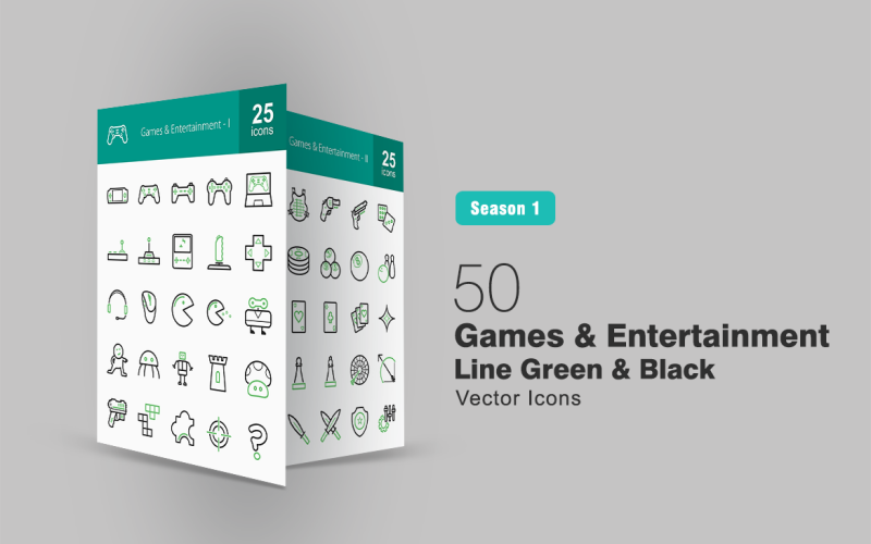 50 Ігр та розваг Line Green & Black Icon Set