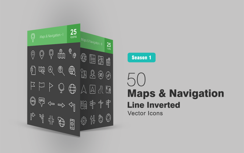 50 Karten & Navigationslinie Invertierter Symbolsatz