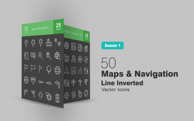 50 mapas y línea de navegación invertida conjunto de iconos
