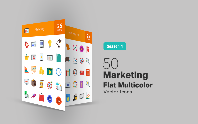 50 Marketing flache mehrfarbige Icon-Set