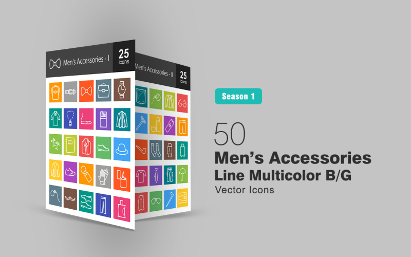 Download Набор иконок "50 Men's Accessories Line Multicolor B/G Icon Set" / 50 Men's Accessories Line Multicolor B/G Icon Set - Набор иконок на тему графика man,icon,accessories,backpack,belt,tie,briefcase,watch,shirt,chain,cigar,cigarette,coat,cuff,links,diary,shoes,hat,jacket,gloves