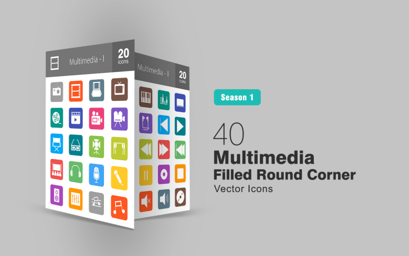 Download Набор иконок "40 Multimedia Filled Round Corner Icon Set" / 40 Multimedia Filled Round Corner Icon Set - Набор иконок на тему графика camera icon roll television play media multimedia music video speaker volume stage microphone piano film controls earphones iconbunny flat icons