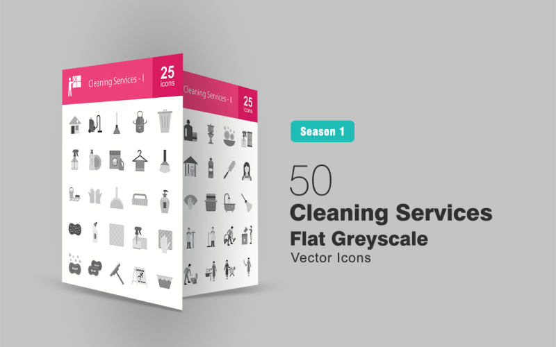 Набор плоских серых иконок 50 услуг по уборке