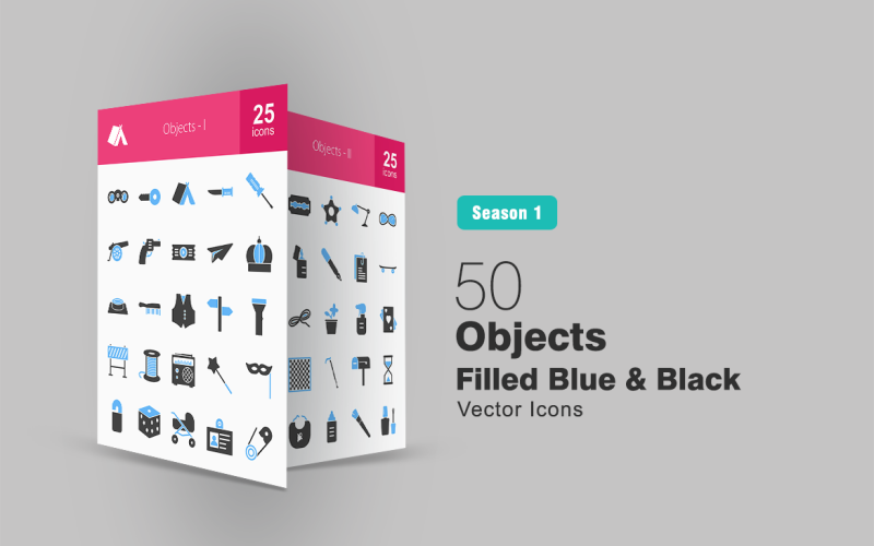 Download Набор иконок "50 Objects Filled Blue & Black Icon Set" / 50 Objects Filled Blue & Black Icon Set - Набор иконок на тему графика objects icon binoculars cannon rope lamp safety pin mailbox dice slippers goggles stroller paper plane crown bottle skateboard blade thread