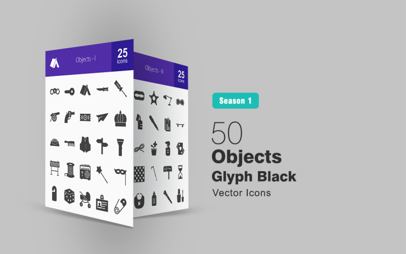 Download Набор иконок "50 Objects Glyph Icon Set" / 50 Objects Glyph Icon Set - Набор иконок на тему графика objects icon binoculars cannon rope lamp safety pin mailbox dice slippers goggles stroller paper plane crown bottle skateboard blade thread