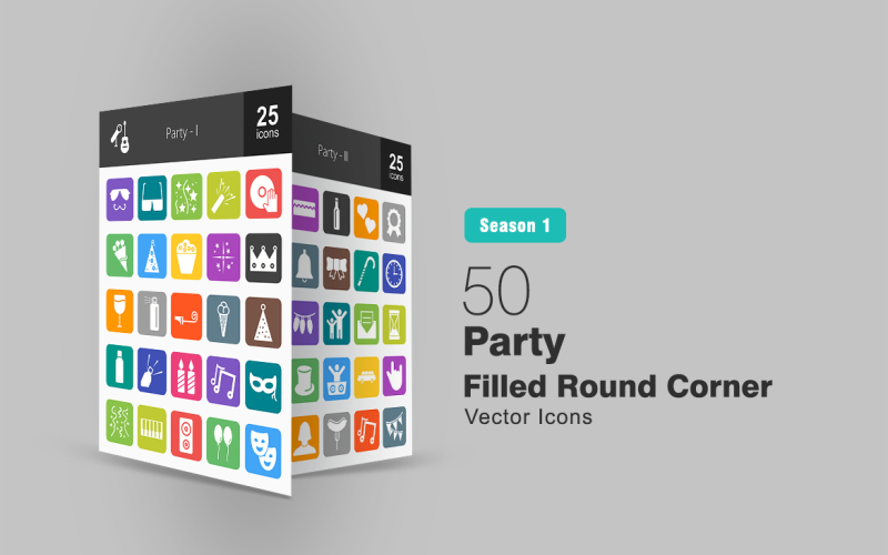 Download Набор иконок "50 Party Filled Round Corner Icon Set" / 50 Party Filled Round Corner Icon Set - Набор иконок на тему графика party icon celebration music drinks food blower spray icecream bottle speaker balloons guitar fireworks invitation hat limousine hot dog iconbunny