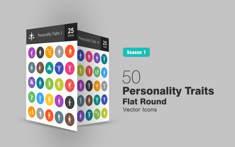 Download Набор иконок "50 Personality Traits Flat Round Icon Set" / 50 Personality Traits Flat Round Icon Set - Набор иконок на тему графика personality,icon,active,alien,ambitious,attractive,brave,brilliant,carefree,cheerful,confident,expert,generous,humble,naive,nerd,optimistic,organized,patient,practical