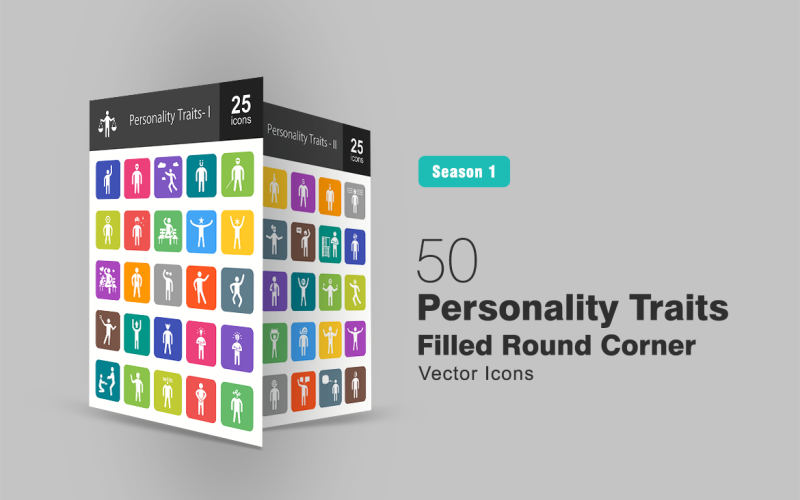 50 personlighetsdrag fyllda runda hörn ikonuppsättning