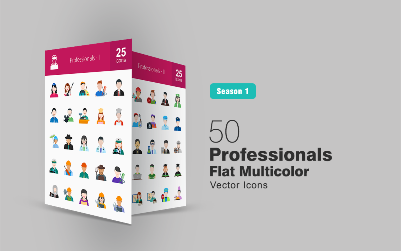 Download Набор иконок "50 Professionals Flat Multicolor Icon Set" / 50 Professionals Flat Multicolor Icon Set - Набор иконок на тему графика professional icon waiter doctor engineer teacher professor maid pilot driver worker student farmer chef policeman painter singer artist iconbunny flat