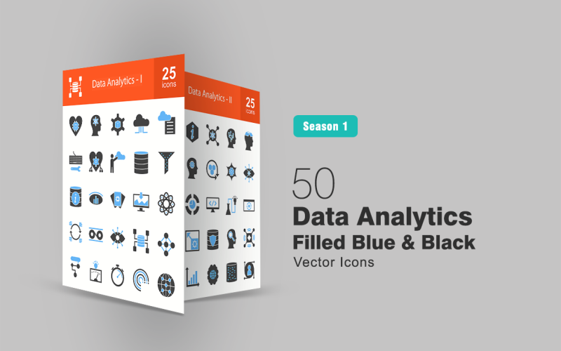 Sada 50 a 50 datových analytik vyplněných modro-černými ikonami