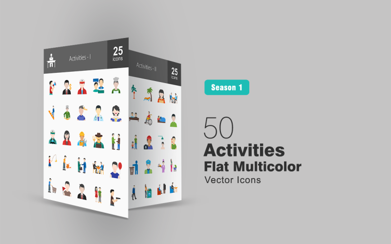 Sada 50 plochých vícebarevných ikon aktivit