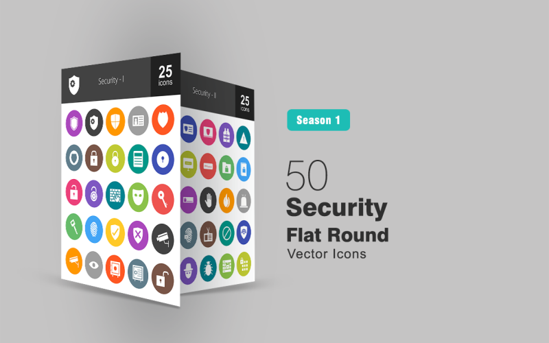 Download Набор иконок "50 Security Flat Round Icon Set" / 50 Security Flat Round Icon Set - Набор иконок на тему графика security icon shield identity card police badge lock key firewall mask fingerprint camera eye vault unlock protection system vest warning