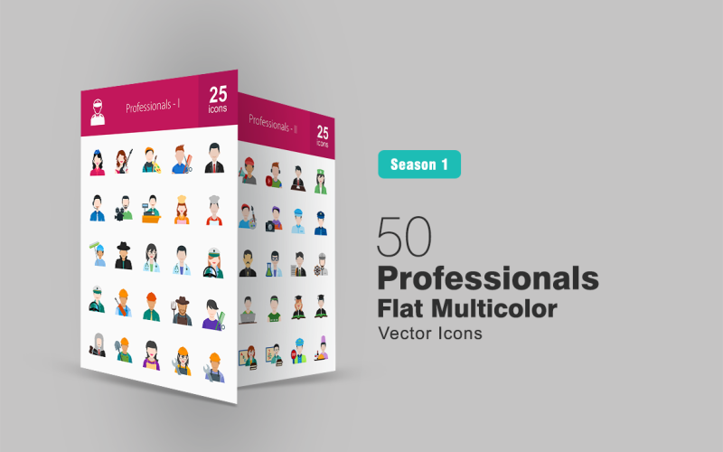 Set di icone multicolore piatto 50 professionisti