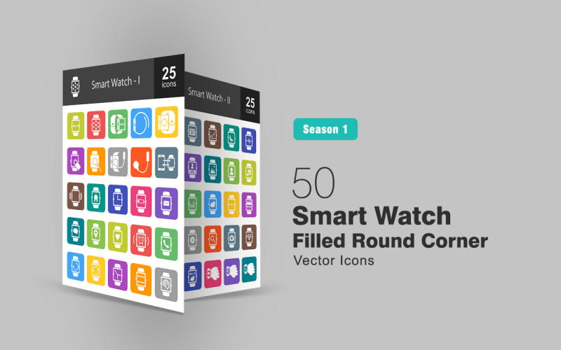 Download Набор иконок "50 Smart Watch Filled Round Corner Icon Set" / 50 Smart Watch Filled Round Corner Icon Set - Набор иконок на тему графика smart,watch,icon,apps,swipe,charger,sync,vibration,screen,clock,battery,email,messaging,location,health,alarm,call,refresh,news,game