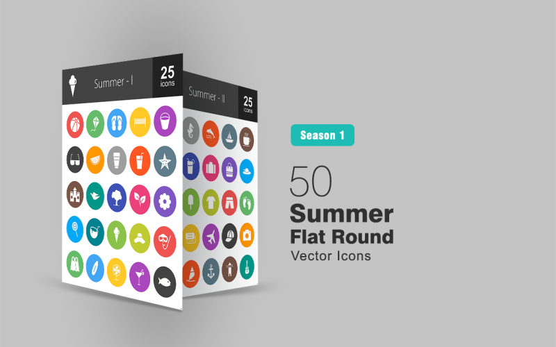 Download Набор иконок "50 Summer Flat Round Icon Set" / 50 Summer Flat Round Icon Set - Набор иконок на тему графика ball icon summer sandals beach suitcase traveling cap plane shirt ice cream flower surfing fan cocktail butterfly sunglasses hat iconbunny
