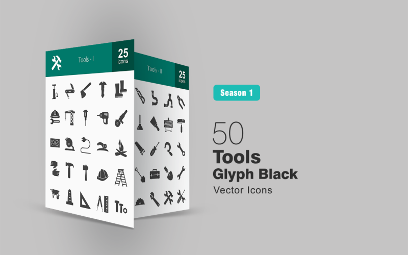 Download Набор иконок "50 Tools Glyph Icon Set" / 50 Tools Glyph Icon Set - Набор иконок на тему графика tools icon knife axe nut and bolt construction crane machine driller electric plug wire tap flame gloves hammer hat ladder