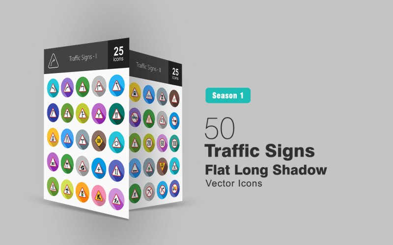 Download Набор иконок "50 Traffic Signs Flat Long Shadow Icon Set" / 50 Traffic Signs Flat Long Shadow Icon Set - Набор иконок на тему графика traffic,icon,signs,curve,turn,signal,bend,lane,horn,danger,sign,give,way,stop,railway,dead,end,bridge,speed,limit