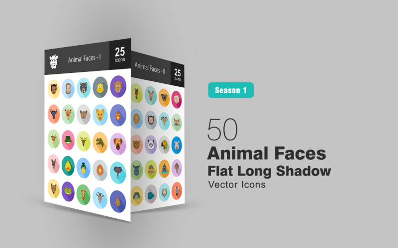 Zestaw ikon 50 twarzy zwierząt płaski długi cień