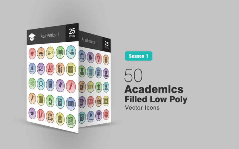Download Набор иконок "50 Academics Filled Low Poly Icon Set" / 50 Academics Filled Low Poly Icon Set - Набор иконок на тему графика education icon academics science school student teacher study educate teach books homework assignment degree graduation convocation professor stationery iconbunny flat