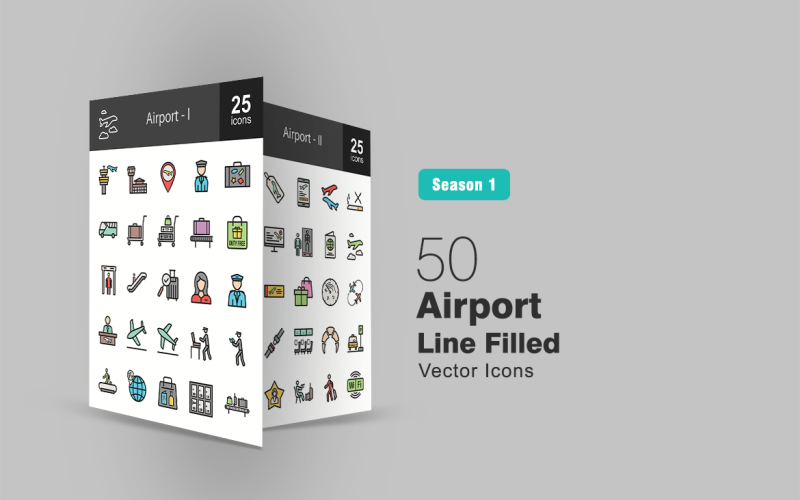 Download Набор иконок "50 Airport Filled Line Icon Set" / 50 Airport Filled Line Icon Set - Набор иконок на тему графика airport,icon,building,security,bus,luggage,passanger,crew,flight,plane,aeroplane,bag,fly,pilot,hostess,information,ticket,runway,seats,passport