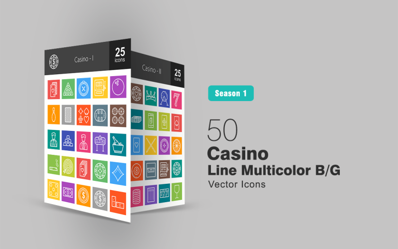 Download Набор иконок "50 Casino Line Multicolor B/G Icon Set" / 50 Casino Line Multicolor B/G Icon Set - Набор иконок на тему графика casino,icon,cards,bet,play,slot,machine,pool,ball,bowling,chips,dealer,gold,manager,sign,champagne,bottle,cigar,darts,deck