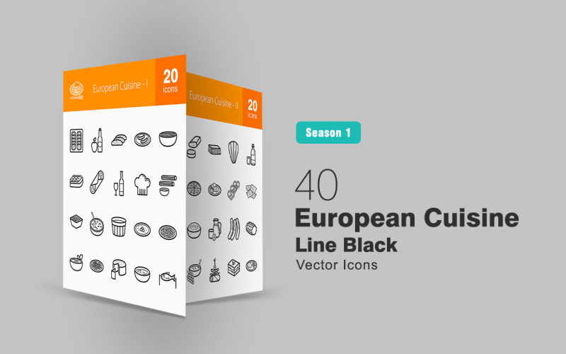 40 conjunto de iconos invertidos de línea de cocina europea