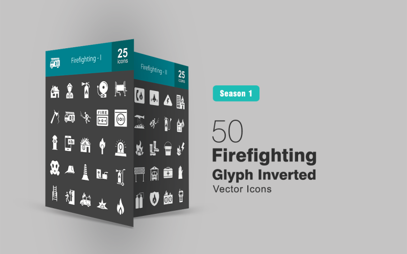Download Набор иконок "50 Firefighting Glyph Inverted Icon Set" / 50 Firefighting Glyph Inverted Icon Set - Набор иконок на тему графика tags:,fire,icon,firefighting,extinguisher,alarm,hose,water,hydrant,matchstick,siren,oxygen,mask,cone,ladders,car,on,explosion,axe,emergency