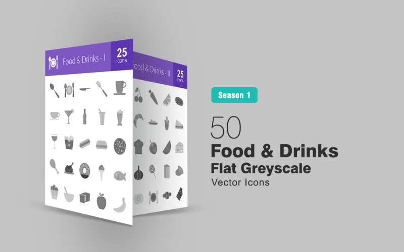Download Набор иконок "50 Food & Drinks Flat Greyscale Icon Set" / 50 Food & Drinks Flat Greyscale Icon Set - Набор иконок на тему графика food icon drinks fruits vegetables snacks fastfood milk chicken meat kettle crockery spoon cup bottle dessert cheese breakfast iconbunny flat