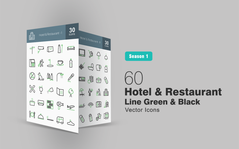 60 Hotel & Restaurant Line Yeşil & Siyah İkon Seti