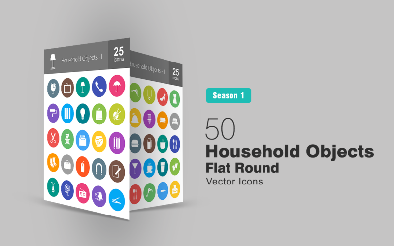 Download Набор иконок "50 Household Objects Flat Round Icon Set" / 50 Household Objects Flat Round Icon Set - Набор иконок на тему графика household icon objects items clock phone books bulb shopping bag shoes kitchen accessories mirror crockery milk toaster socks pencils burger