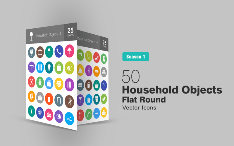 50 hushållsobjekt platt rund ikonuppsättning