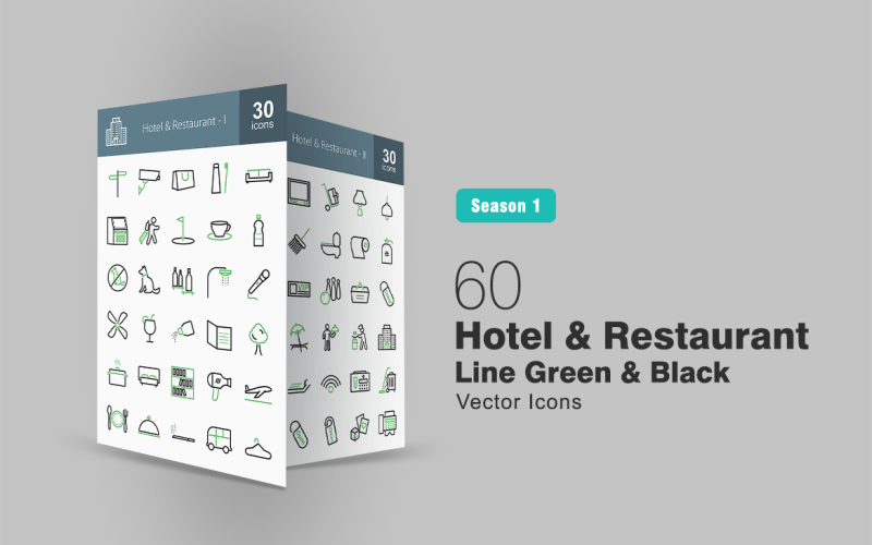 60酒店和餐厅线绿色和黑色图标集